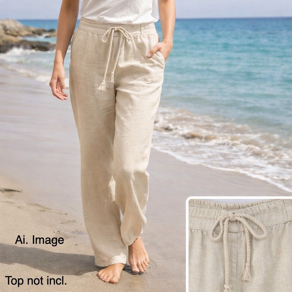 LOFT Petites Linen Pants 4P Oatmeal Drawstring Tassel Elastic Waist Lagenlook